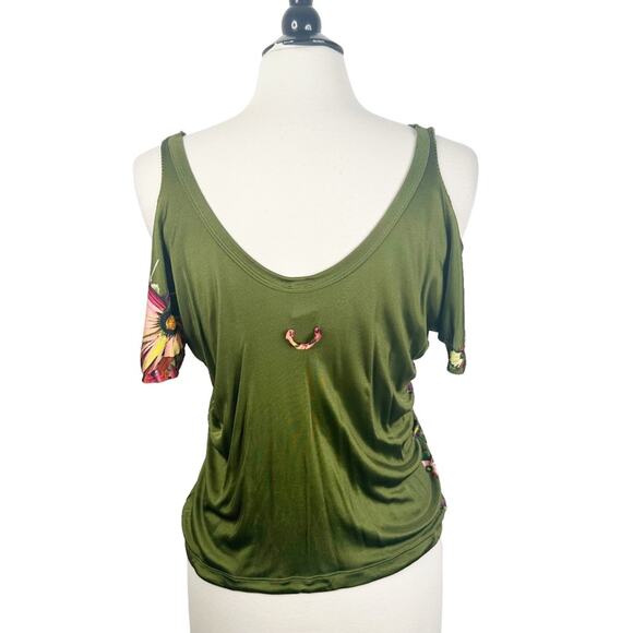 Jean Paul Gaultier Soleil Women’s Small Green Floral Printed Cold Shoulder Top - Picture 9 of 10